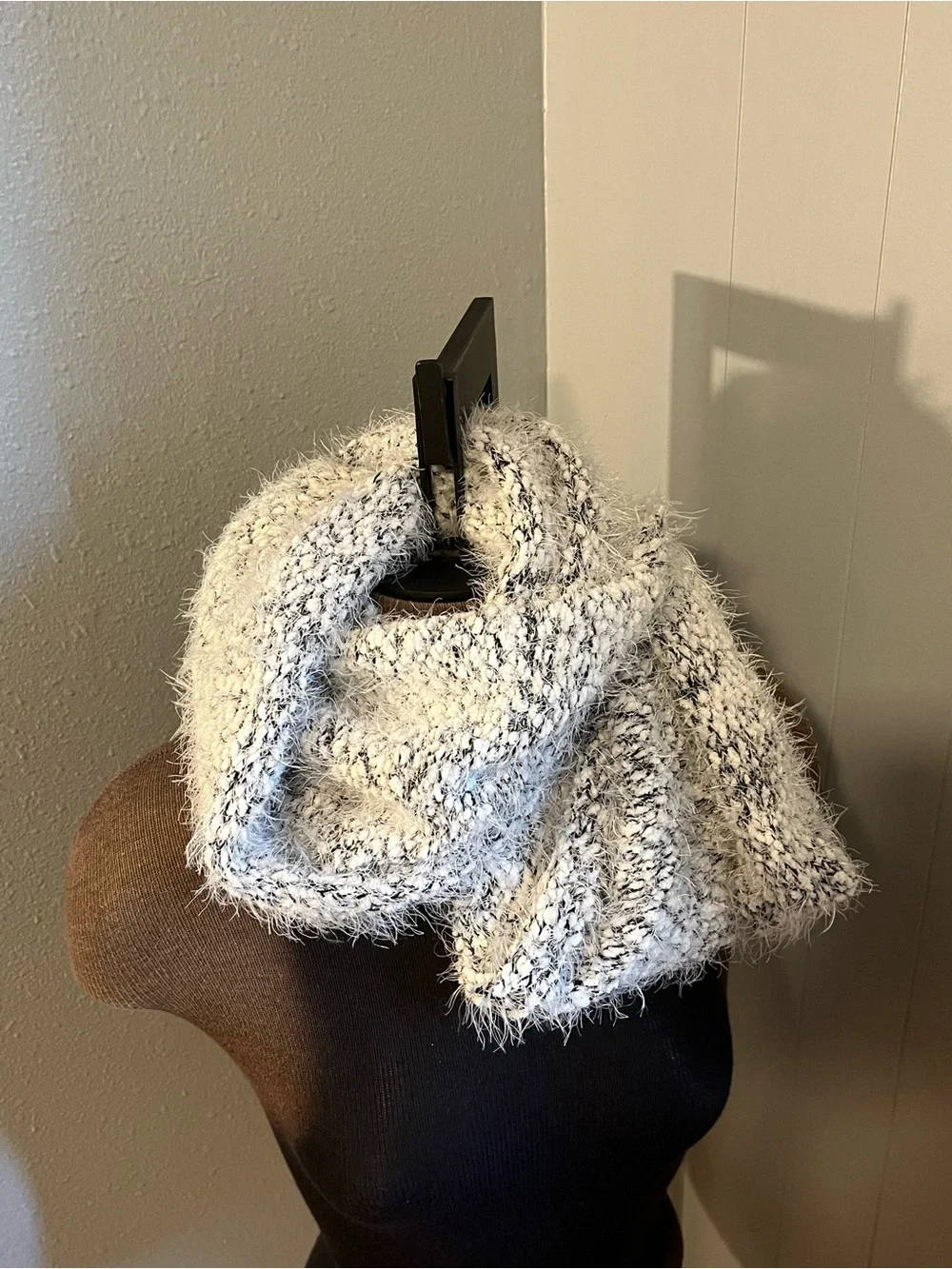 Calvin Klein White and Black Fuzzy Infinity Scarf